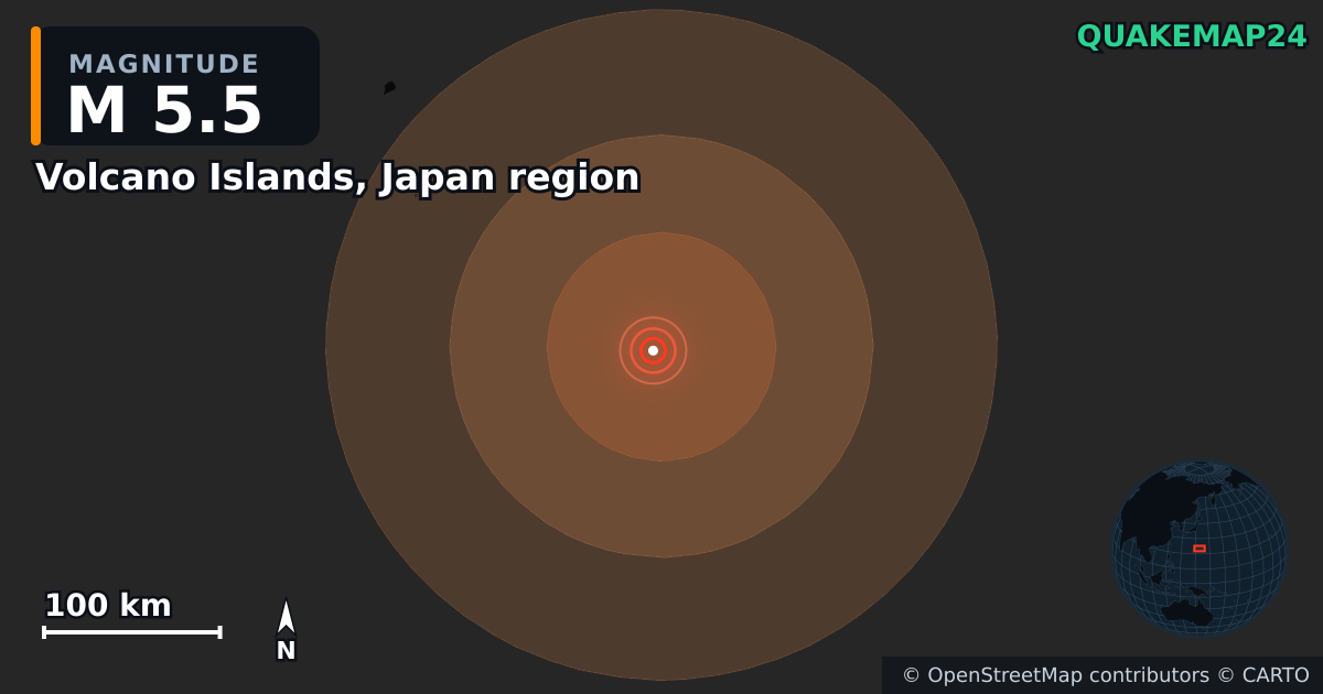 Erdbeben M5,5 bei Volcano Islands, Japan region · 2026-08-15 — Karte der Lage des Epizentrums