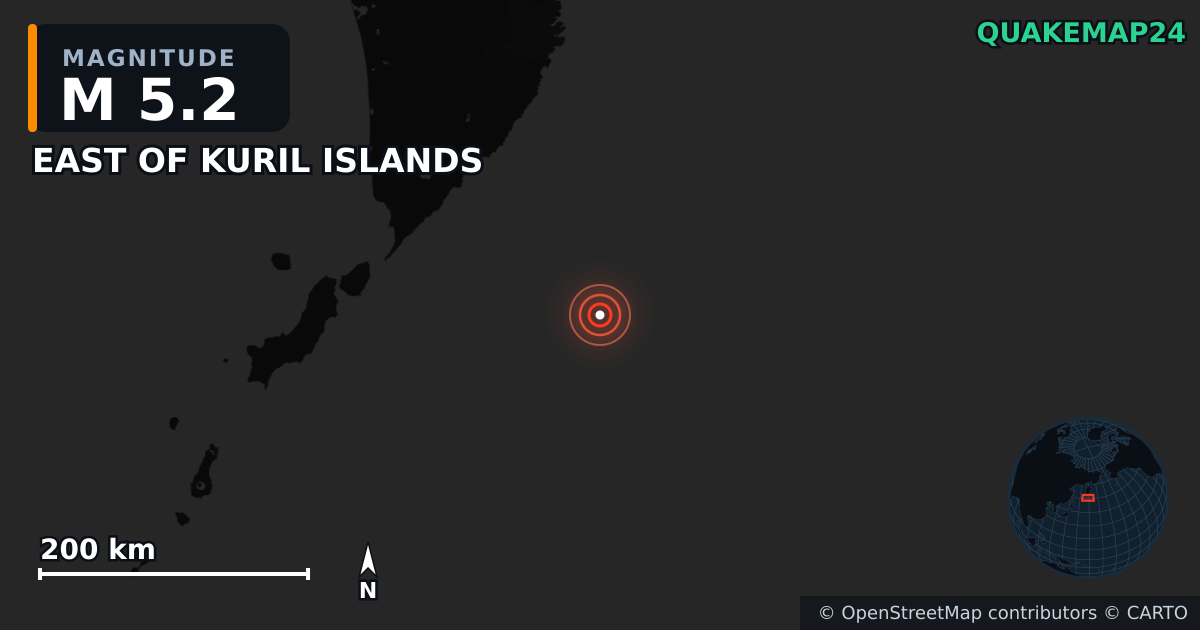 M5.2 earthquake near EAST OF KURIL ISLANDS on Aug 3, 2025 — map of epicenter and shaking intensity | QuakeMap24