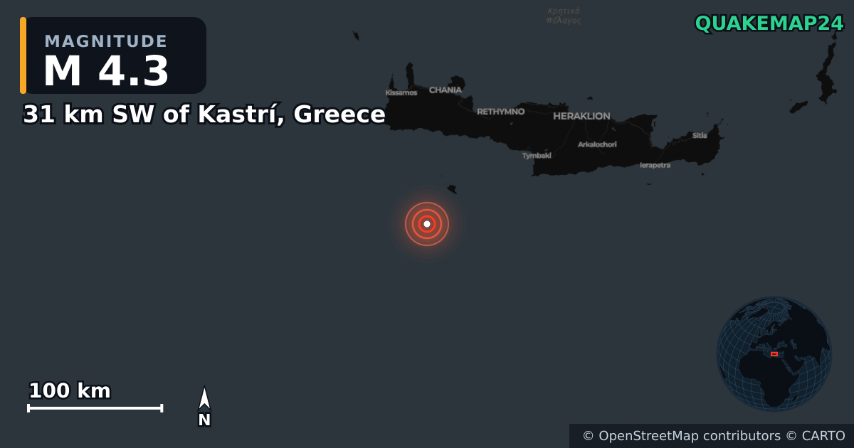 Σεισμός M4,3 κοντά στο 31 km SW of Kastrí, Greece · 2026-04-12 — Χάρτης της θέσης του επικέντρου