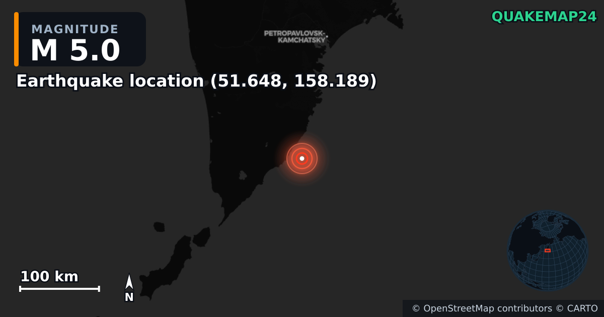 M5.0 earthquake near Deprem konumu (51.648, 158.189) on Sep 6, 2025 — map of epicenter and shaking intensity | QuakeMap24