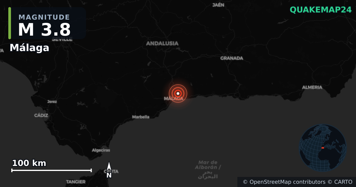 M3.8 earthquake near Málaga on Jan 24, 2026 — map of epicenter and shaking intensity | QuakeMap24