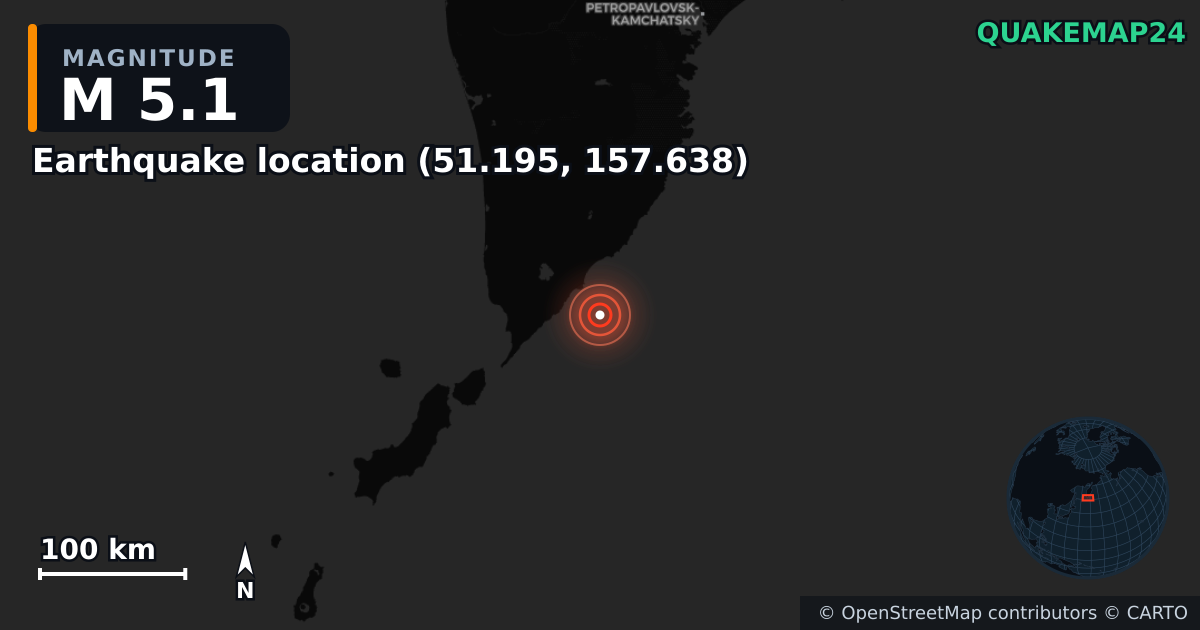 M5.1 earthquake near Erdbeben-Standort (51.195, 157.638) on Aug 5, 2025 — map of epicenter and shaking intensity | QuakeMap24