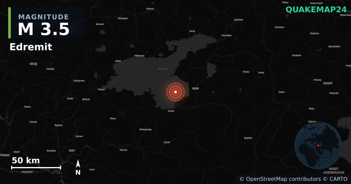 M3.5 earthquake near Edremit on Aug 27, 2025 — map of epicenter and shaking intensity | QuakeMap24