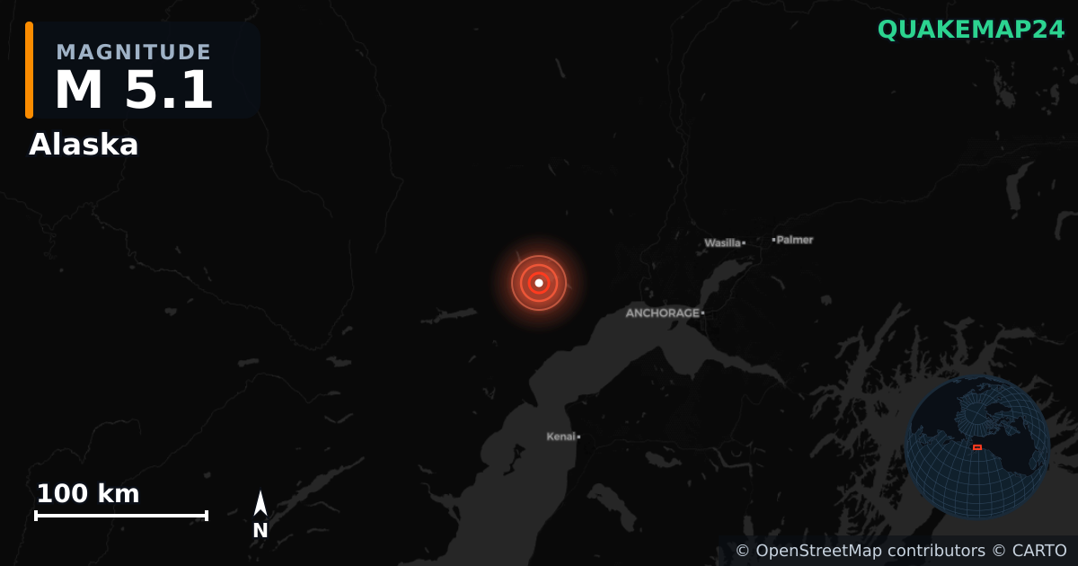 M5.1 earthquake near Alaska on Nov 22, 2025 — map of epicenter and shaking intensity | QuakeMap24