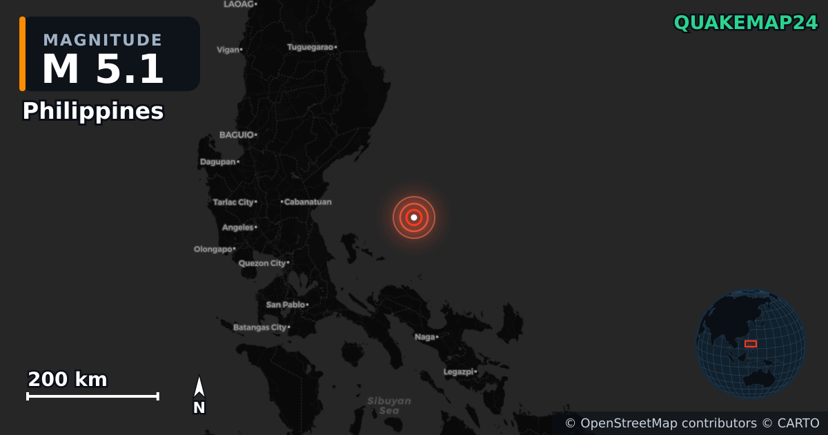 M5.1 earthquake near Philippines on Jul 29, 2026 — map of epicenter and shaking intensity | QuakeMap24