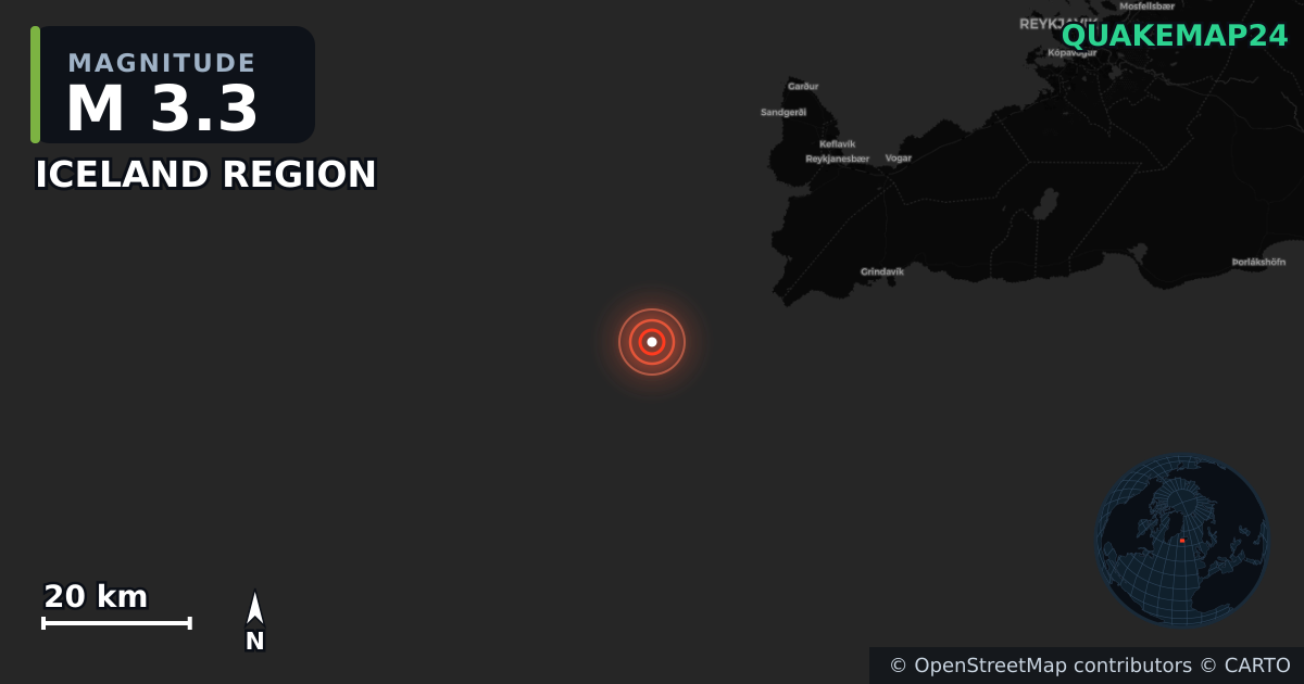 M3.3 earthquake near ICELAND REGION on May 24, 2025 — map of epicenter and shaking intensity | QuakeMap24
