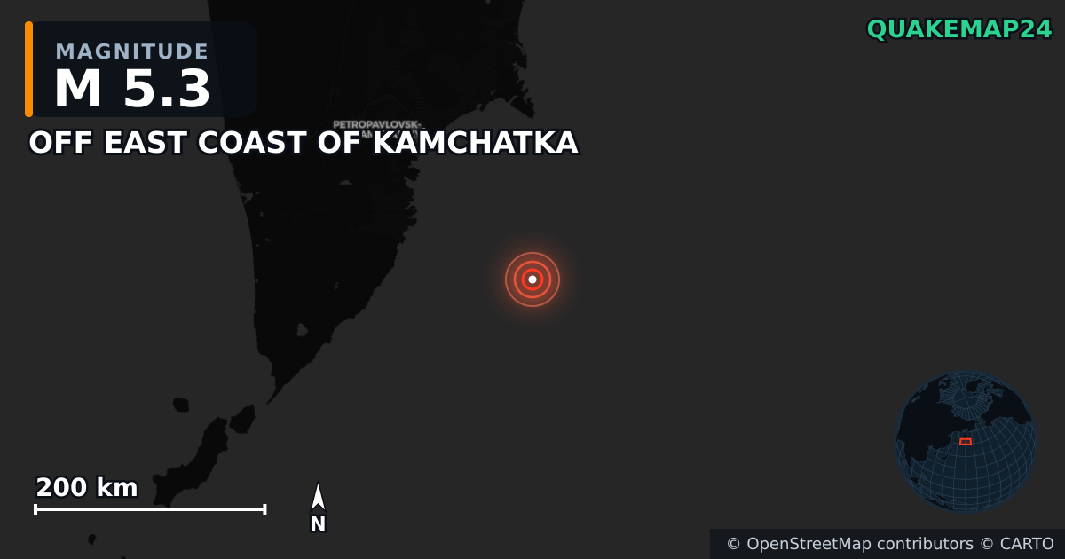 M5.3 earthquake near OFF EAST COAST OF KAMCHATKA on Jul 31, 2025 — map of epicenter and shaking intensity | QuakeMap24