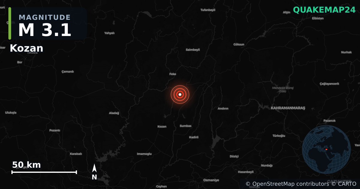 M3.1 earthquake near Kozan on May 29, 2025 — map of epicenter and shaking intensity | QuakeMap24