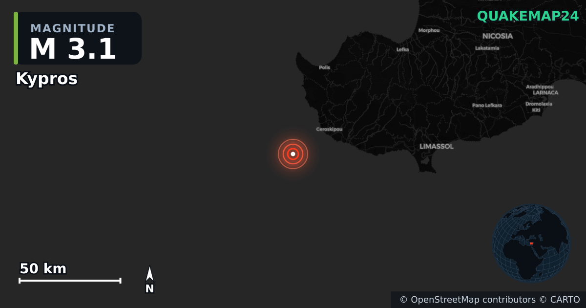 M3.1 earthquake near Kypros on Nov 13, 2025 — map of epicenter and shaking intensity | QuakeMap24