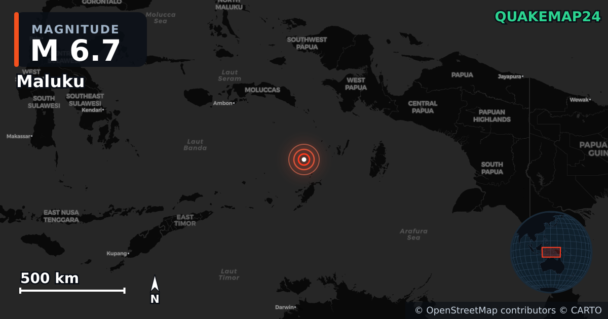 M6.7 earthquake near Maluku on Jul 14, 2025 — map of epicenter and shaking intensity | QuakeMap24