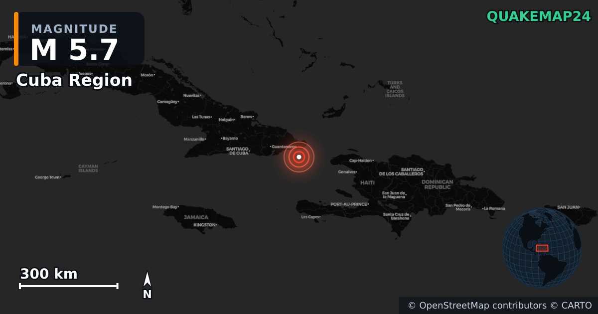 M5.7 earthquake near Cuba Region on Mar 17, 2026 — map of epicenter and shaking intensity | QuakeMap24