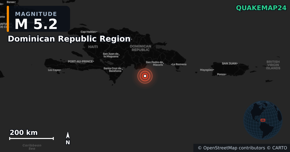M5.2 earthquake near Dominican Republic Region on Oct 20, 2025 — map of epicenter and shaking intensity | QuakeMap24