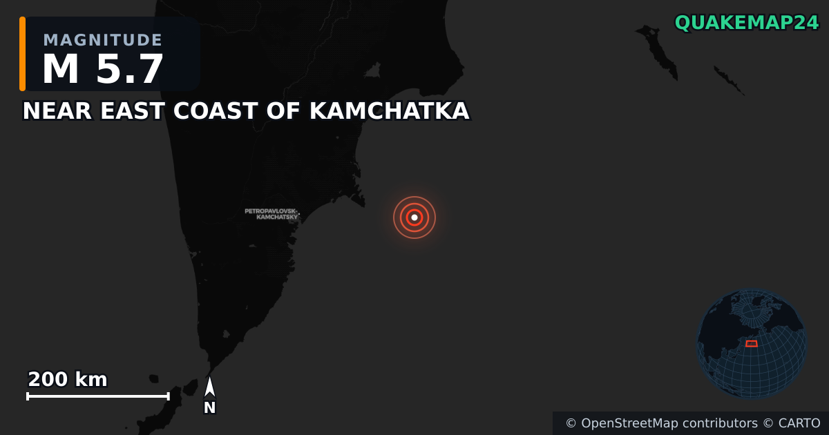 M5.7 earthquake near NEAR EAST COAST OF KAMCHATKA on Sep 21, 2025 — map of epicenter and shaking intensity | QuakeMap24