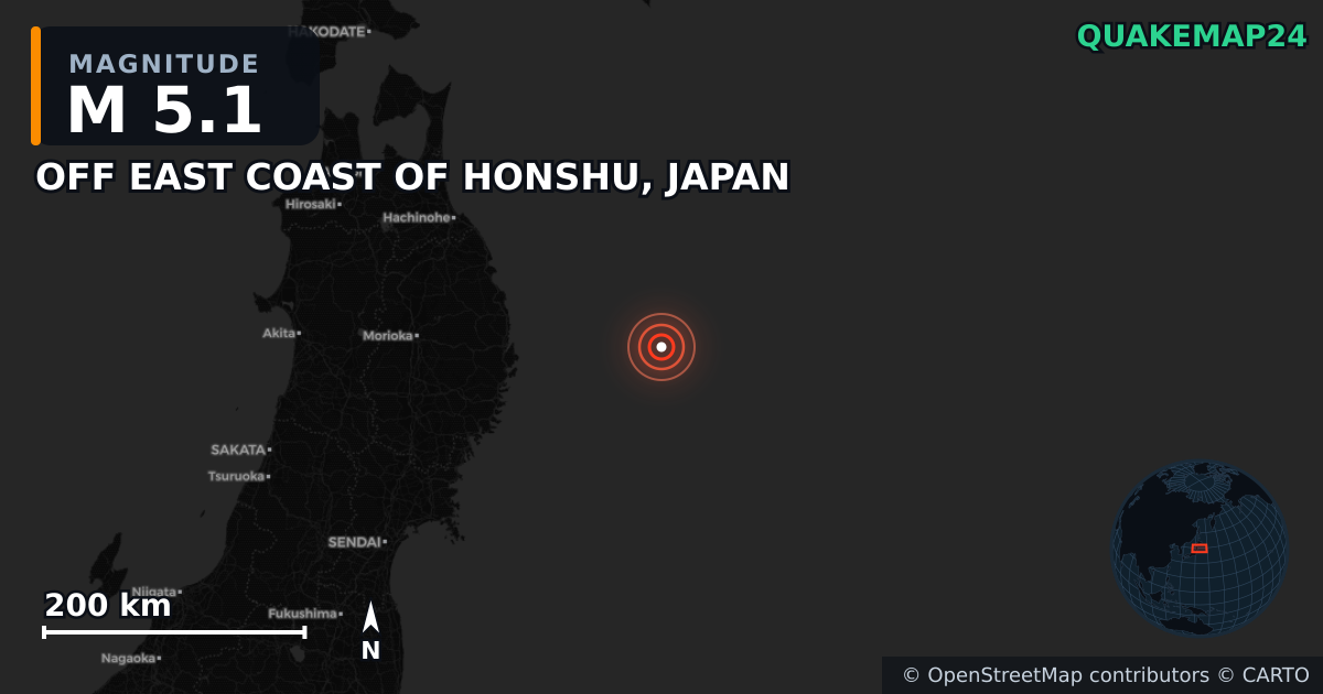 M5.1 earthquake near OFF EAST COAST OF HONSHU, JAPAN on Apr 20, 2026 — map of epicenter and shaking intensity | QuakeMap24