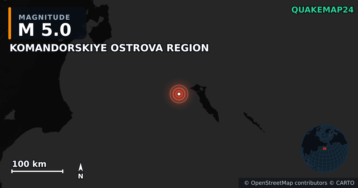 Sismo de M5,0 perto de KOMANDORSKIYE OSTROVA REGION — Mapa da localização do epicentro