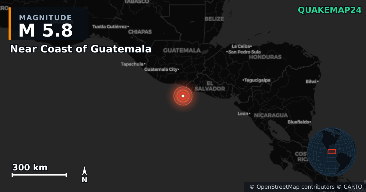 M5.8 earthquake near Near Coast of Guatemala on Aug 23, 2025 — map of epicenter and shaking intensity | QuakeMap24