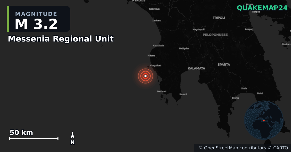 M3.2 earthquake near Messenia Regional Unit on Aug 12, 2026 — map of epicenter and shaking intensity | QuakeMap24