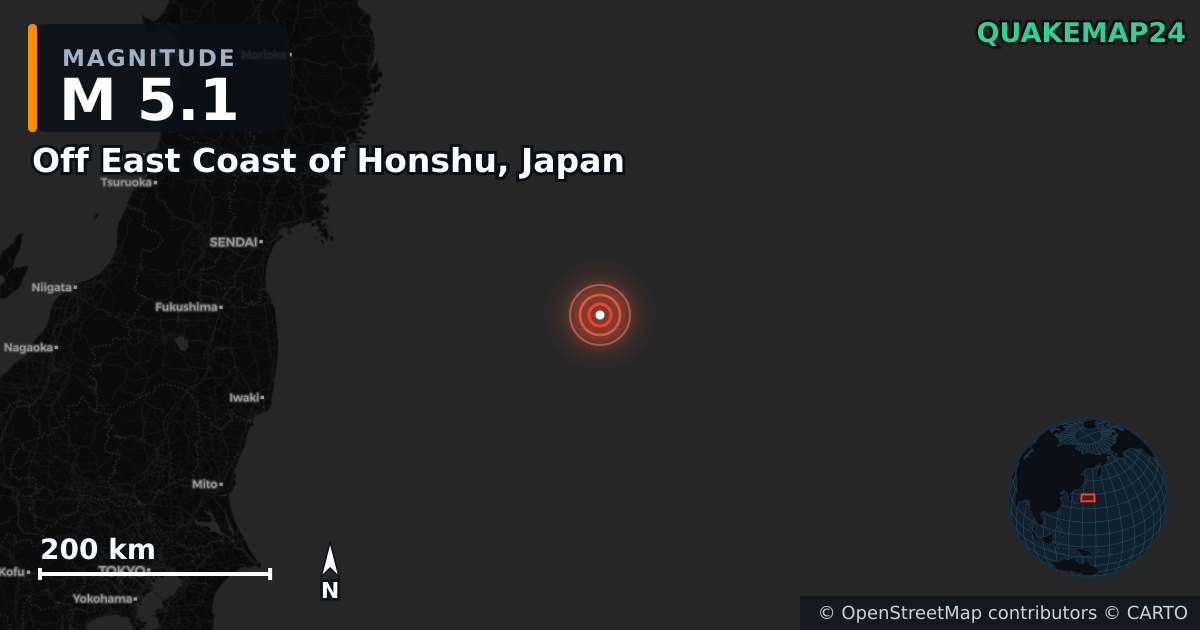 M5.1 earthquake near Off East Coast of Honshu, Japan on Oct 6, 2025 — map of epicenter and shaking intensity | QuakeMap24