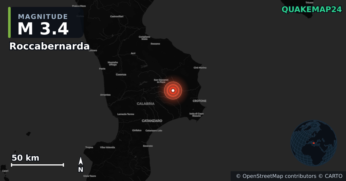 Roccabernarda, Calabria (İtalya) yakınında M3,4 deprem · 2026-06-26 — Deprem merkez üssünün konumunu gösteren harita