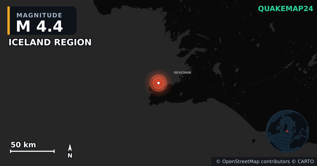 M4.4 earthquake near ICELAND REGION on May 24, 2025 — map of epicenter and shaking intensity | QuakeMap24
