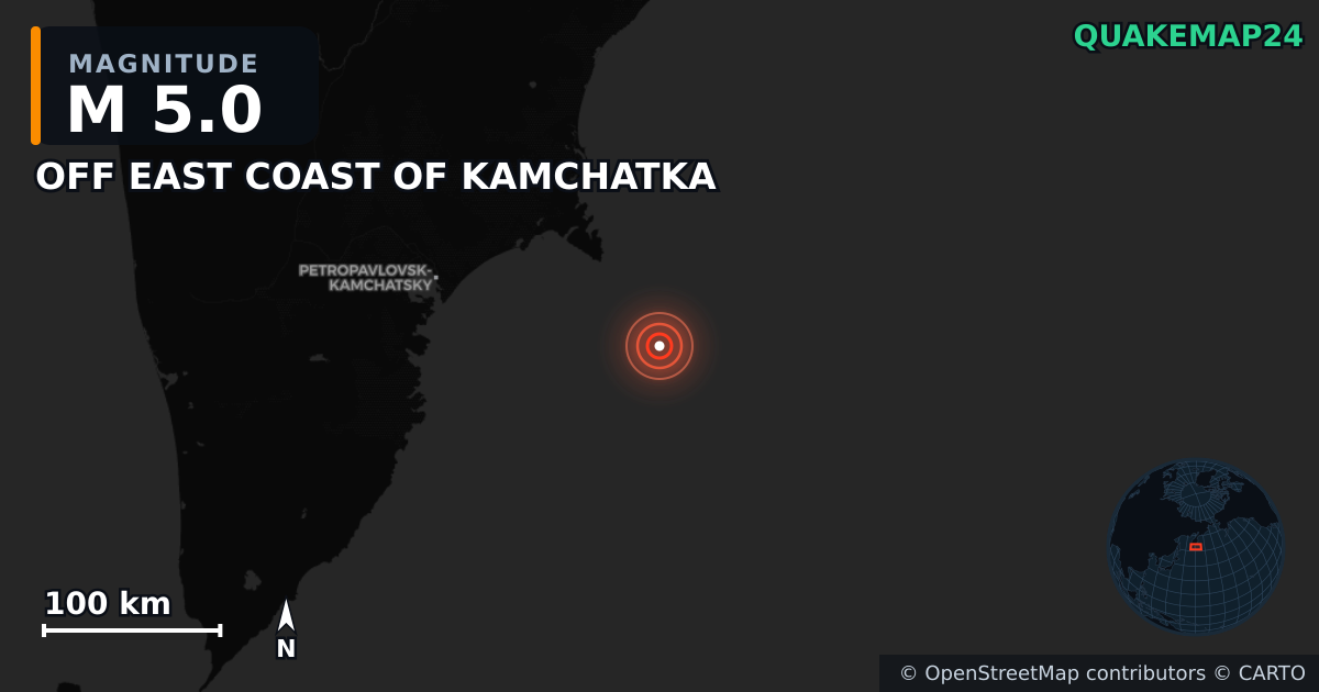 M5.0 earthquake near OFF EAST COAST OF KAMCHATKA on Sep 19, 2025 — map of epicenter and shaking intensity | QuakeMap24
