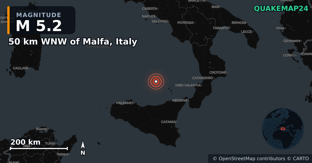 M5.2 Earthquake near 50 km WNW of Malfa, Italy · 2026-10-23 — Map showing the location of the epicenter