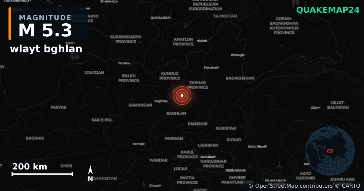 M5.3 earthquake near wlayt bghlan on Dec 19, 2025 — map of epicenter and shaking intensity | QuakeMap24