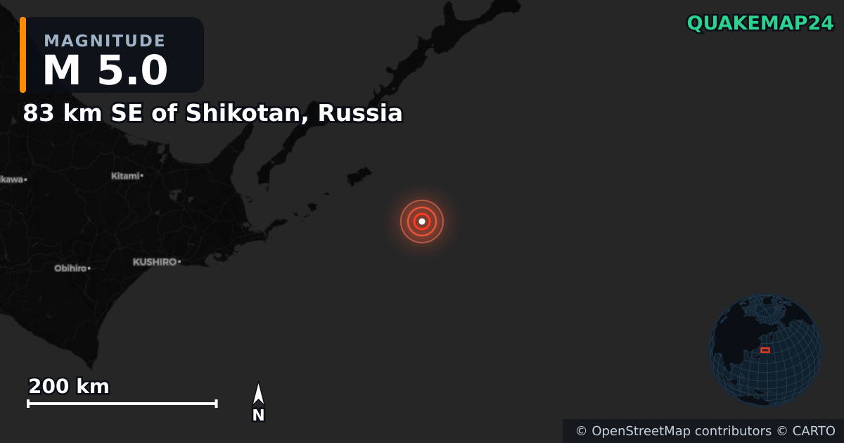 M5.0 earthquake near 83 km SE of Shikotan, Russia on Aug 20, 2025 — map of epicenter and shaking intensity | QuakeMap24