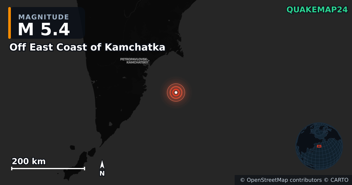 M5.4 earthquake near Off East Coast of Kamchatka on Sep 25, 2025 — map of epicenter and shaking intensity | QuakeMap24