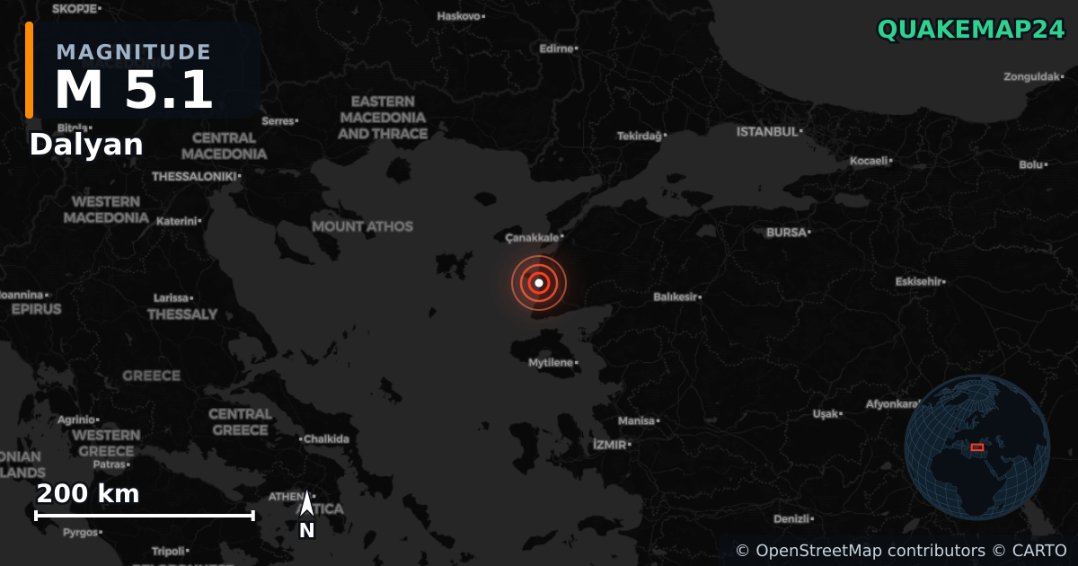 M5.1 earthquake near Dalyan on Jan 21, 2025 — map of epicenter and shaking intensity | QuakeMap24