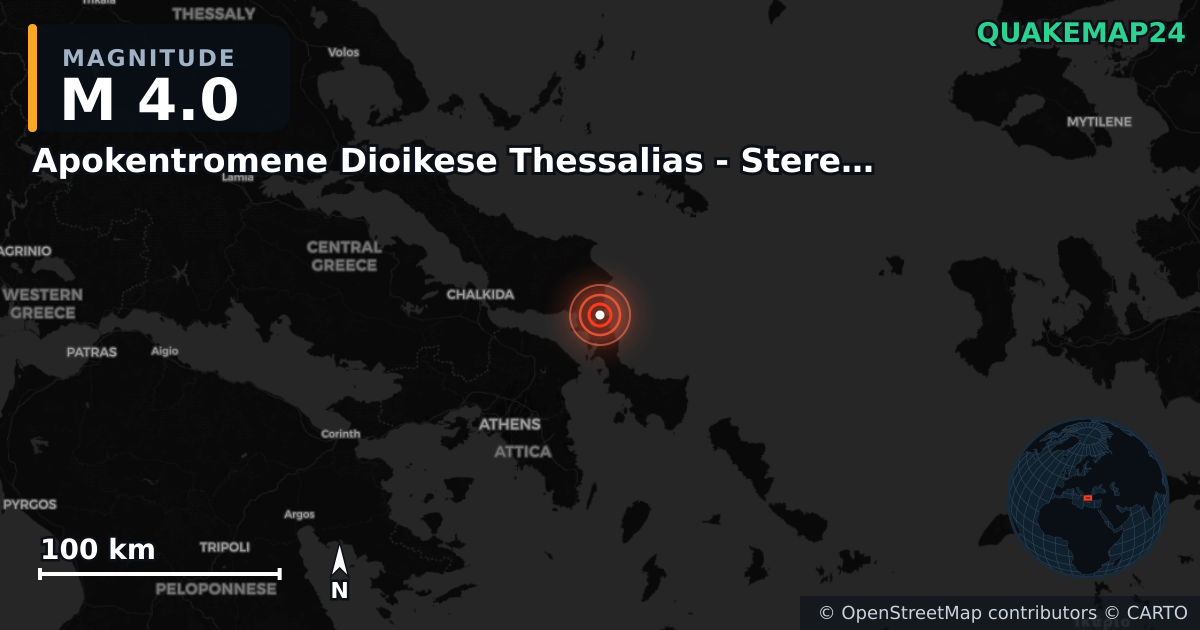 M4.0 earthquake near Apokentromene Dioikese Thessalias - Stereas Ellados on Sep 26, 2025 — map of epicenter and shaking intensity | QuakeMap24