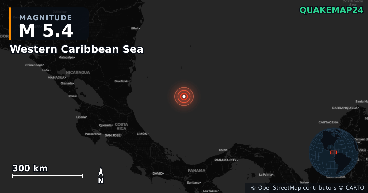 Western Caribbean Sea yakınında M5,4 deprem — Deprem merkez üssünün konumunu gösteren harita
