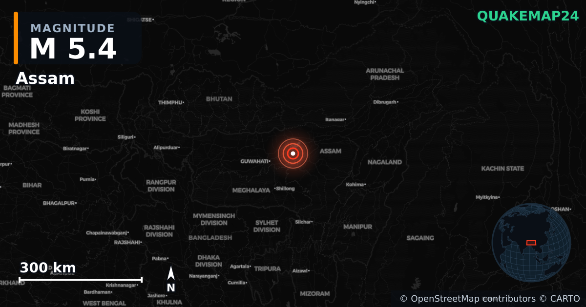 M5.4 earthquake near Assam on Jan 4, 2026 — map of epicenter and shaking intensity | QuakeMap24