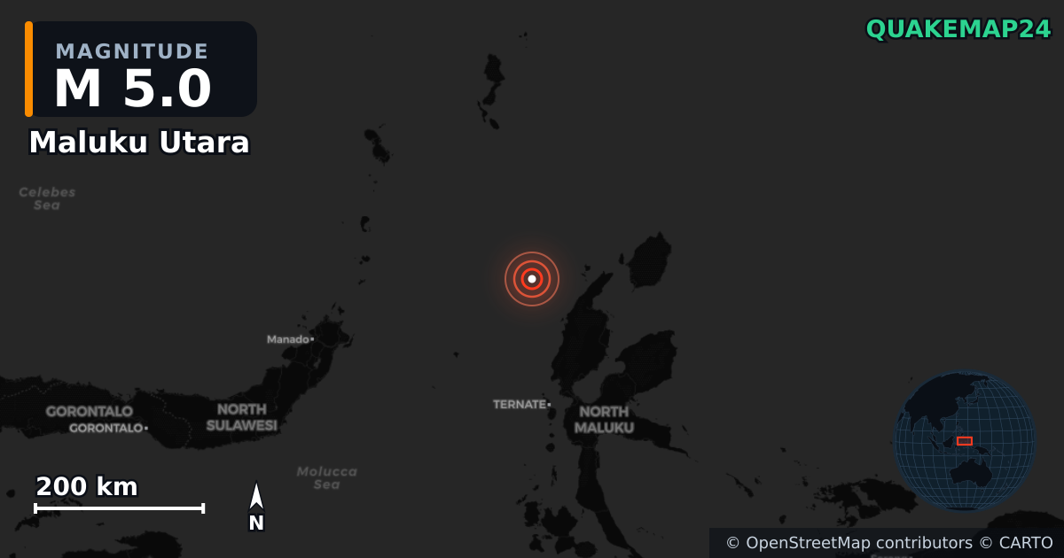M5.0 earthquake near Maluku Utara on Aug 17, 2025 — map of epicenter and shaking intensity | QuakeMap24