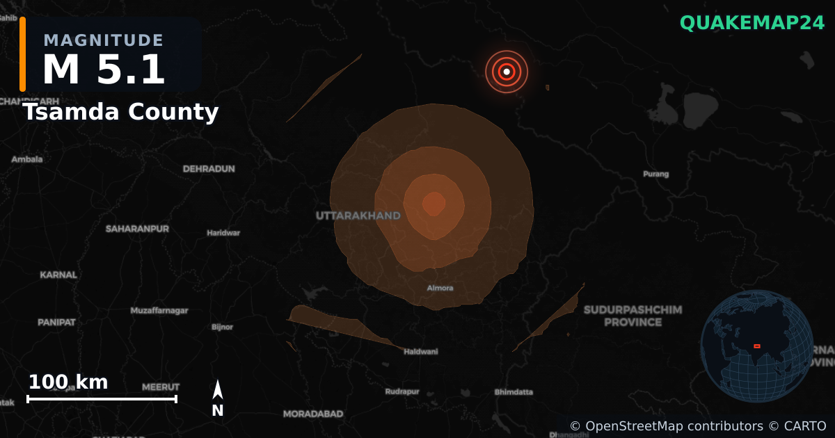 Erdbeben M5,1 bei Tsamda County, Xizang (China) · 2026-10-06 — Karte der Lage des Epizentrums