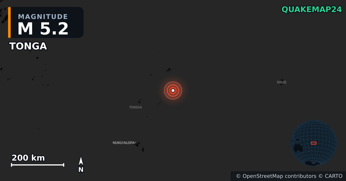 M5.2 earthquake near TONGA on Aug 6, 2025 — map of epicenter and shaking intensity | QuakeMap24