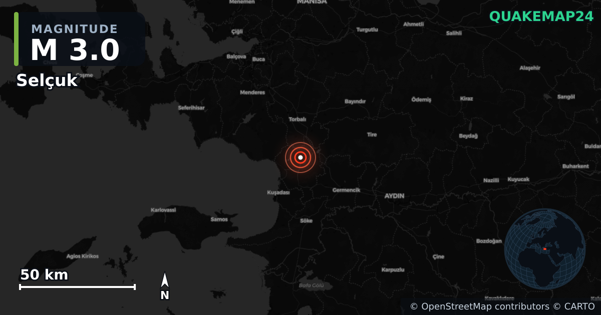 M3.0 earthquake near Selçuk on Jan 25, 2026 — map of epicenter and shaking intensity | QuakeMap24