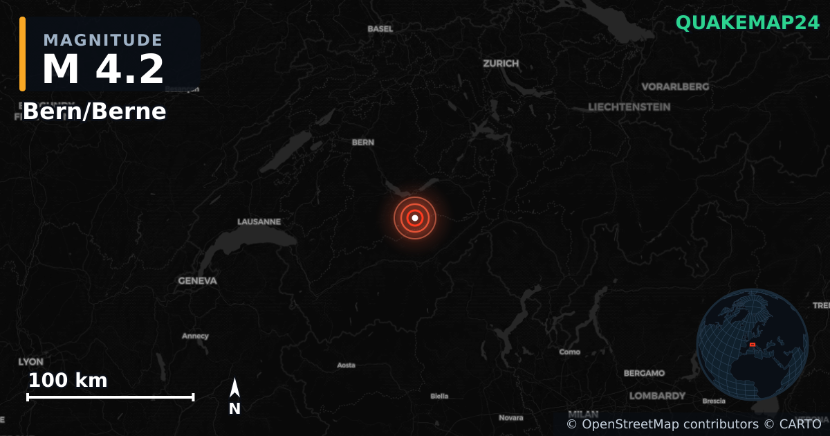 M4.2 earthquake near Bern/Berne on Jul 21, 2025 — map of epicenter and shaking intensity | QuakeMap24