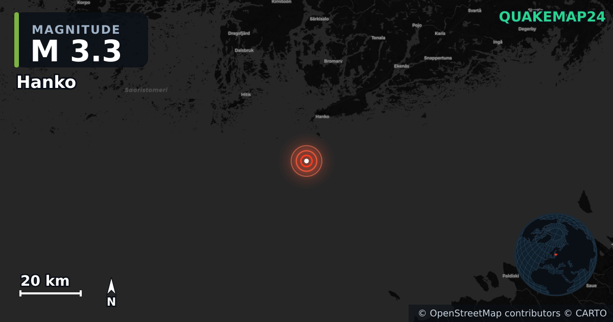 M3.3 earthquake near Hanko on Nov 9, 2025 — map of epicenter and shaking intensity | QuakeMap24
