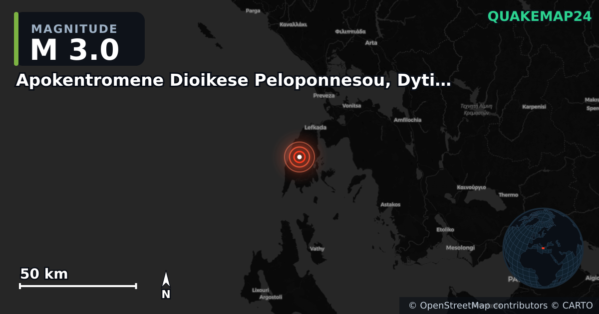 M3.0 earthquake near Apokentromene Dioikese Peloponnesou, Dytikes Elladas kai Ioniou on Oct 1, 2025 — map of epicenter and shaking intensity | QuakeMap24