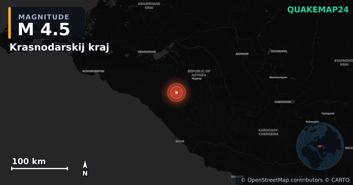 M4.5 earthquake near Krasnodarskij kraj on Sep 9, 2025 — map of epicenter and shaking intensity | QuakeMap24