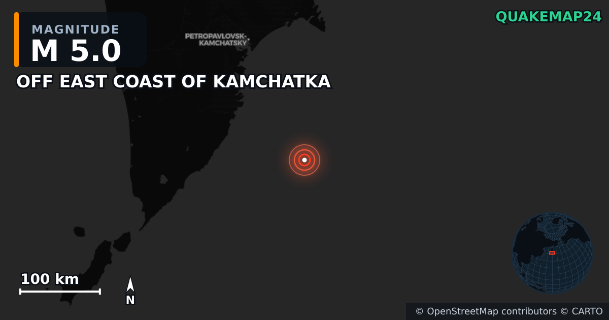 M5.0 earthquake near OFF EAST COAST OF KAMCHATKA on Aug 8, 2025 — map of epicenter and shaking intensity | QuakeMap24