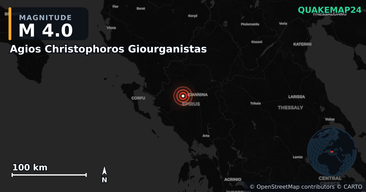 Sismo de M4,0 perto de Agios Christophoros Giourganistas, Periphereia Epeirou (Grécia) · 2026-04-04 — Mapa da localização do epicentro