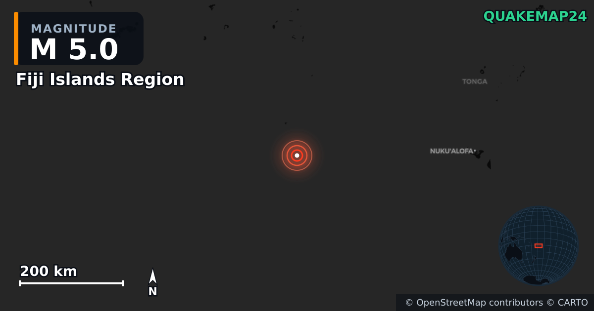 M5.0 earthquake near Fiji Islands Region on Jan 24, 2026 — map of epicenter and shaking intensity | QuakeMap24