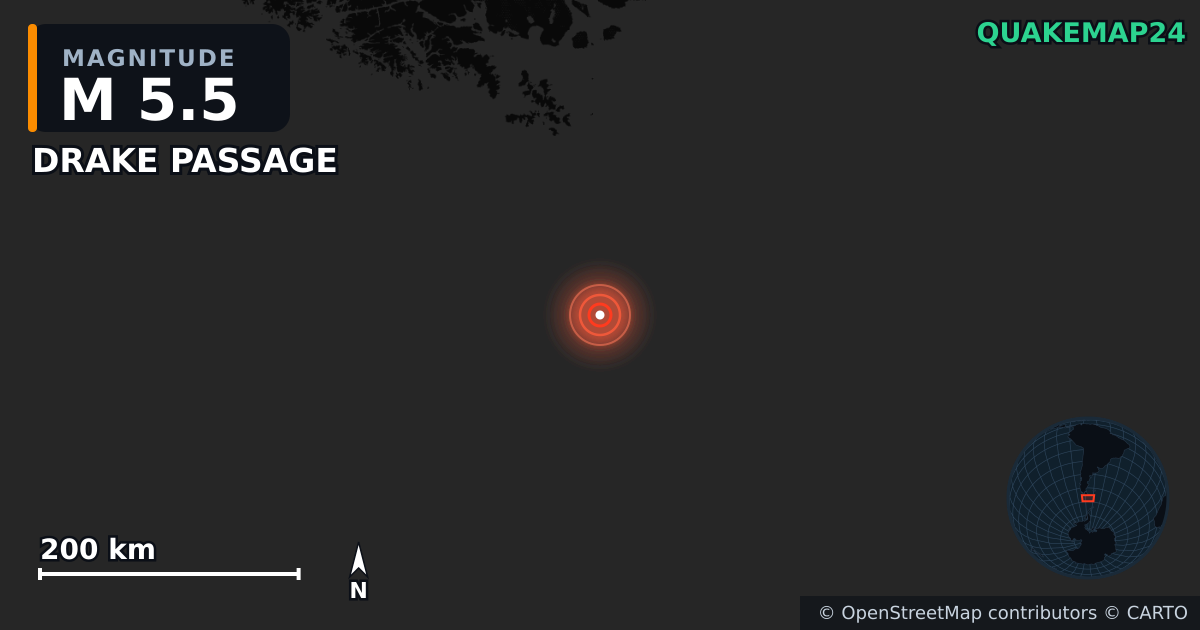 DRAKE PASSAGE yakınında M5,5 deprem — Deprem merkez üssünün konumunu gösteren harita
