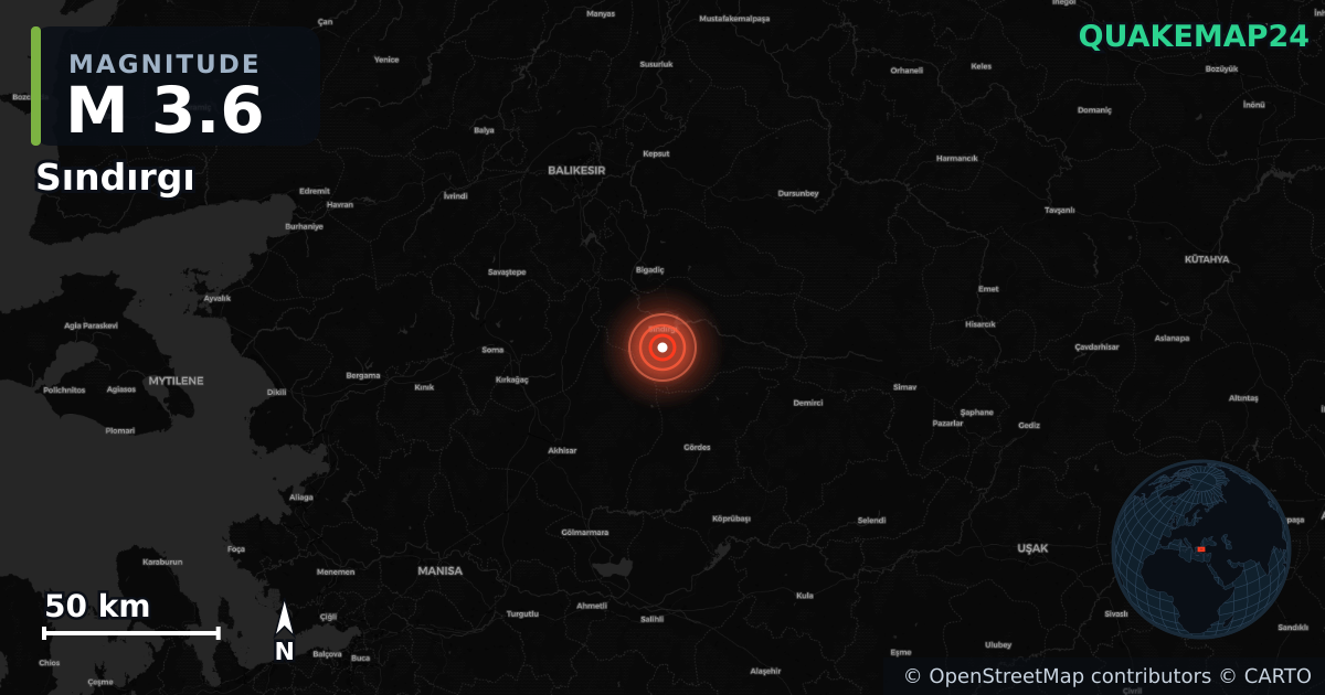 M3.6 earthquake near Sındırgı on Aug 25, 2025 — map of epicenter and shaking intensity | QuakeMap24