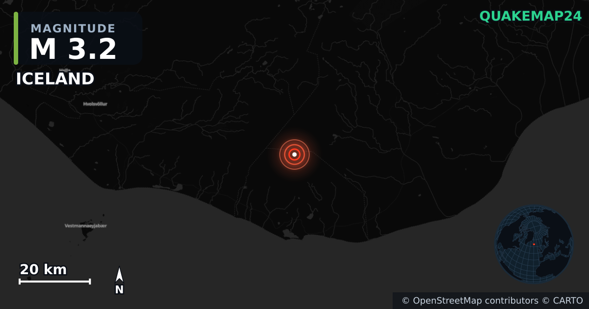 M3.2 earthquake near ICELAND on Oct 29, 2025 — map of epicenter and shaking intensity | QuakeMap24