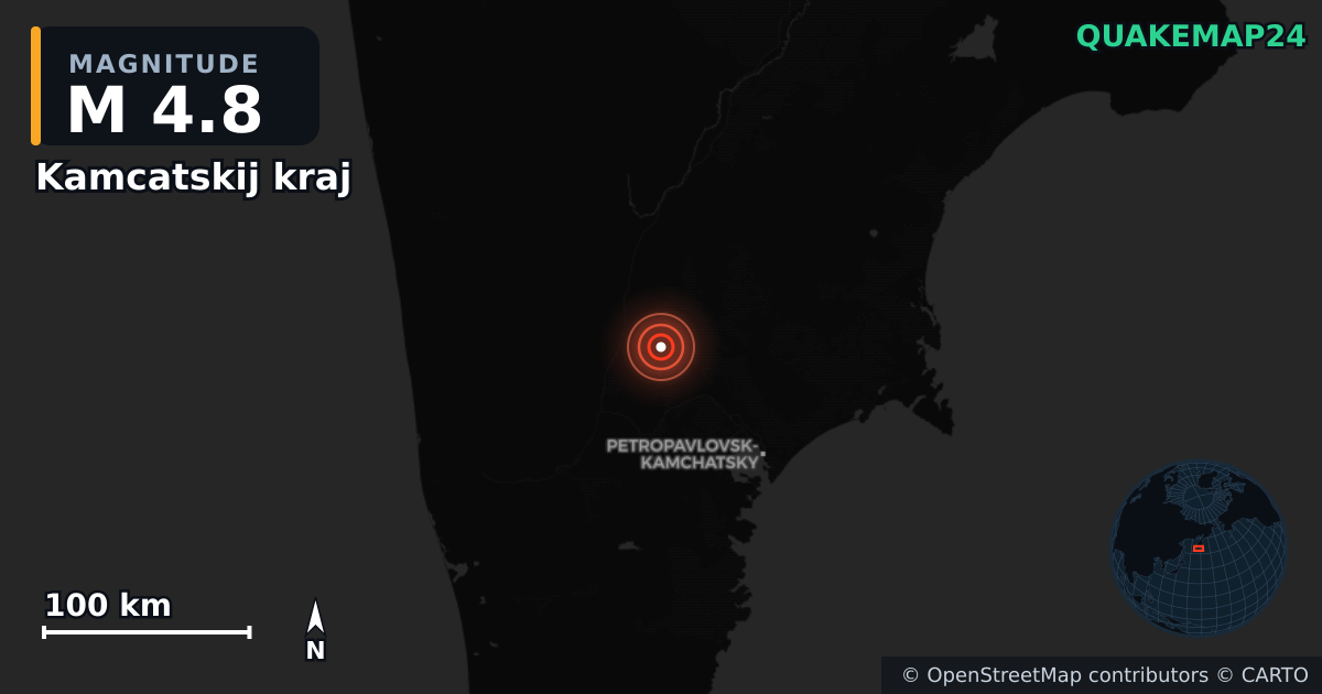 M4.8 earthquake near Kamcatskij kraj on Aug 12, 2025 — map of epicenter and shaking intensity | QuakeMap24