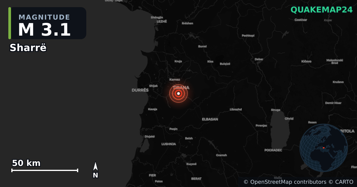 M3.1 earthquake near Sharrë on Oct 29, 2025 — map of epicenter and shaking intensity | QuakeMap24