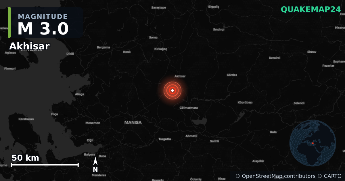 M3.0 earthquake near Akhisar on Sep 5, 2025 — map of epicenter and shaking intensity | QuakeMap24